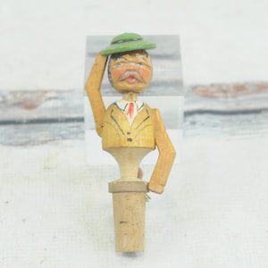 Antique . Anri Folk Art Decor Carved Solid Wood Mechanical  Man Cork Barware