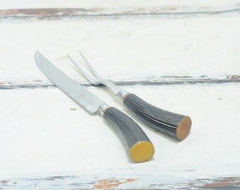 Tenedor y cuchillo para trinchar carne con mango de baquelita de imitación de asta de ciervo de la marca Royal vintage