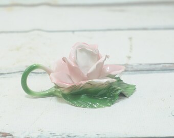 Vintage Capodimonte Pale Pink Rose Candle Holder Sitting On Green Stem VGC Italy