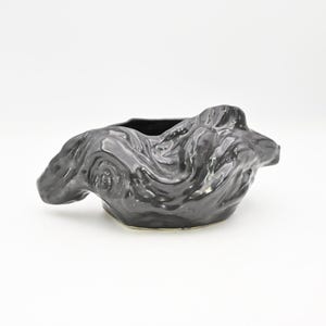 Vintage Black Ceramic Pottery Vessel Planter Organic Form Brutalist Design Waves
