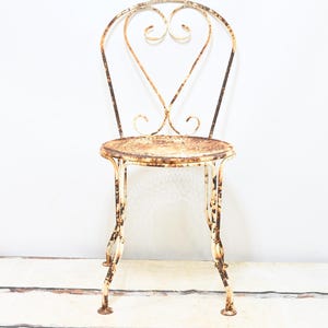 Antique French Country Metal Chair Garden Chair Bistro Chair Pierced Metal Seat #3