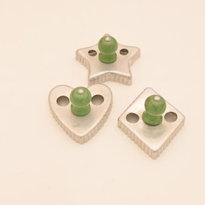 Vintage . Tin Cookie Cutters Green Wood Knobs Heart, Diamond, Star Shaped Fluted Edges