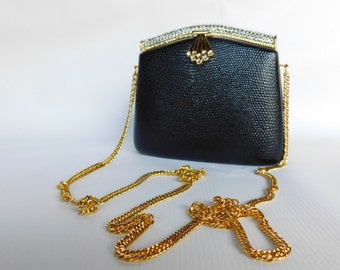 Black . Evening Clutch Wedding Clutch Gold Accents Rhinestones Black and Gold Purse Formalwear Purse Vintage Evening Bag +