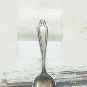 May include: A silver teaspoon with a decorative handle and a rounded bowl. The handle has a raised design and the bowl is slightly dented.