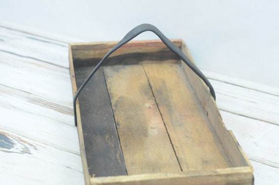 Vintage . Wood Box Antique Wood Tool Box Leather Strap Handle Wood