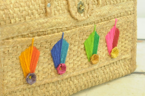 Vintage . 1960s Woven Straw Purse Straw Beach Bag… - image 5