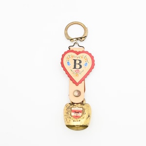 Vintage . Switzerland Brass Cow Bell  Keychain &quot;B&quot; Souvenir With Leather Strap