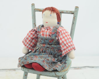 Vintage Cloth Doll Primitive Folk Art Doll In a Flower Dress Handmade Rag Doll