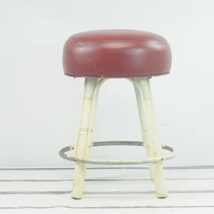 Vintage Mid Century Dark Red Vinyl And Bamboo Leg Bar Stool (3 Available) Bar Decor Furniture +