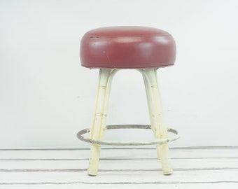 Vintage Mid Century Dark Red Vinyl And Bamboo Leg Bar Stool (3 Available) Bar Decor Furniture +