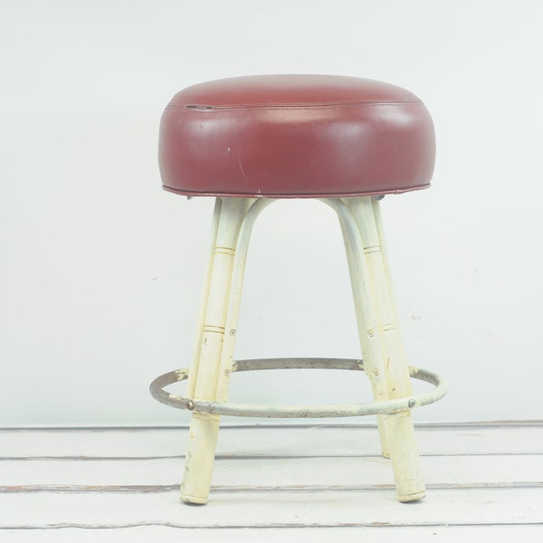 Vintage Mid Century Dark Red Vinyl And Bamboo Leg Bar Stool (3 Available) Bar Decor Furniture +