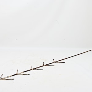 Könnte beinhalten: Ein langer, dünner, dunkelbrauner Metallstab mit einer Reihe kleiner, abgewinkelter Metallzinken, die vom zentralen Schaft abstehen. Der Stab hat ein leicht gebogenes Ende und eine spitze Spitze mit sichtbaren Gebrauchsspuren und Oxidation.