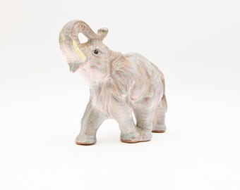 Vintage Iridescent Elephant Figurine Lucky Trunk Up Glazed Clay +