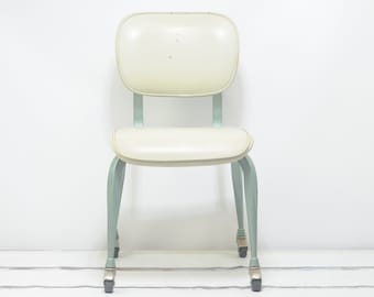 Vintage 1960's  Blue Green Metal and Off White Upholstered Desk Chair On Wheels School Chair Industrial Metal Good Condition +