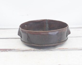 Large  Antique . Hand Forged Hammered Copper Bowl Copper Strap Handles Primitive Decor