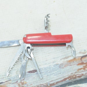 Vintage  Stainless Swiss Army Type Pocket Folding Knife Red and Silver 11 Tool Knife 4.75&quot;