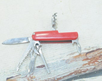 Vintage  Stainless Swiss Army Type Pocket Folding Knife Red and Silver 11 Tool Knife 4.75"