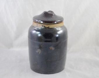 Vintage/Antique Early Salt Glaze Dark Brown Stoneware Jar, Butter Crock +