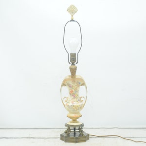 Vintage/Antique Brass and Porcelain Table Lamp Painted Floral Urn Style Cloth Cord Works