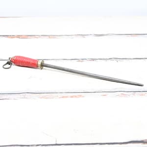 Antique / Vintage Red Wood Handle Knife Sharpening Steel 18.5&quot; Honing Stone Marked R.C.