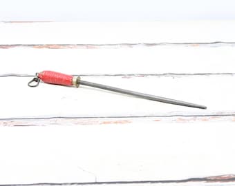 Antique / Vintage Red Wood Handle Knife Sharpening Steel 18.5" Honing Stone Marked R.C.