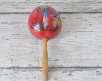 Vtg Hand Painted Maraca Gourd Wood Percussion Music Shaker Instrument Mexico
