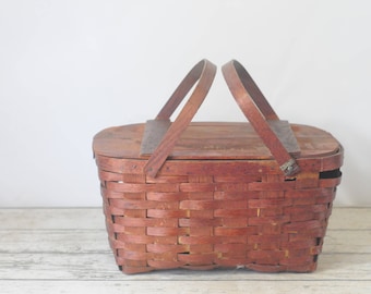 Vendimia. Cesta de picnic ¿Cesta de picnic de madera tejida Baskerville? Putney Vermont