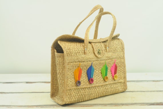 Vintage . 1960s Woven Straw Purse Straw Beach Bag… - image 4