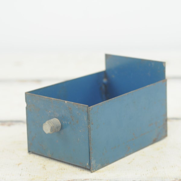 Vintage Blue Steel Metal Box Industrial Drawer Industrial Parts Bin Industrial Decor +