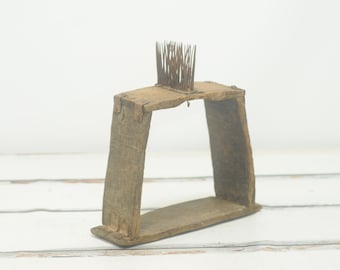 Hatchel de lino de madera antiguo europeo primitivo temprano, peine, peine de lana cardador de lana cardador de madera decoración primitiva estante de madera primitivo #4 +