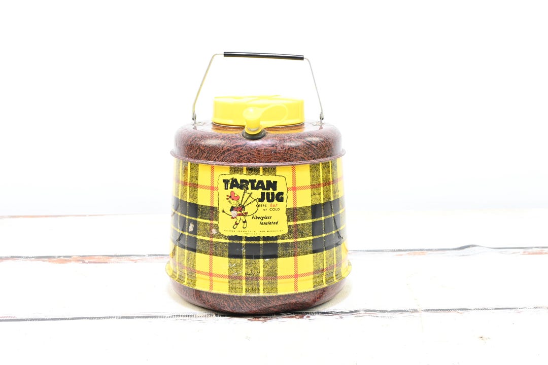 Vintage Poloron Tartan Jug Cooler Round Picnic Drink Cooler Yellow