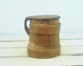 Large . Antique Treenware Ale Tankard Staved Wood With Intertwined Bands Firkin Style