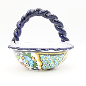 Vintage Mexican Folk Art Talavera Pue, Mex Pottery Wavy Twist Handle Bowl Blue