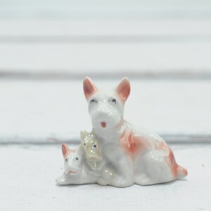 Vintage Porcelain Dogs Figurine Fox Terrier, Schnauzer? 2 Puppies Collectible Lustreware Made in Japan