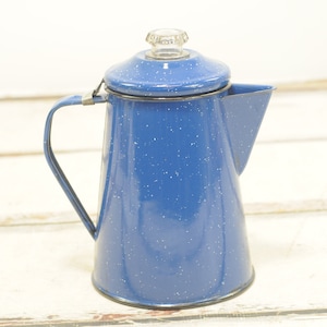 Wijnoogst. Koffiepot Blauw en Wit Spikkel Gevlekt Granietwerk Koffiepot Camping Koffiepot VGC +