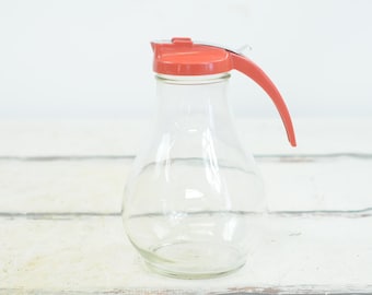 Vintage Large 8.25"H DripCut Glass Batter, Syrup Dispenser Red Lid Retro Kitchen