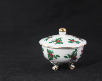 Vintage . Porcelain Holly Holiday Covered Bowl Lefton Japan #7809