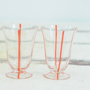 Set of Vintage MidCentury Modern Barware Footed Drink Glasses Goblets Orange White Lines Stripes