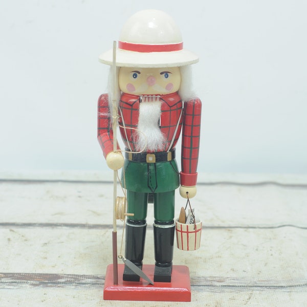 Vintage .  Wooden Nutcracker Fisherman Holding Fishing Pole and Bucket Of Fish Fishing Collectible Fishing Decor