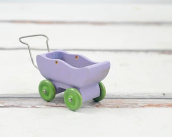 Vintage . Wood & Metal Purple and Green Miniature Baby Buggy Carriage Stroller 4.75" #2