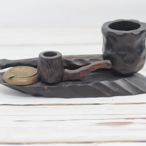 Vintage . Carved Wood Pipe MidCentury Tobacco Humidor With Ashtray & Match Holder