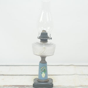Early EAPG Antique Pattern Glass Oil Lamp c.1890 Metal Base Painted Wood VCG
