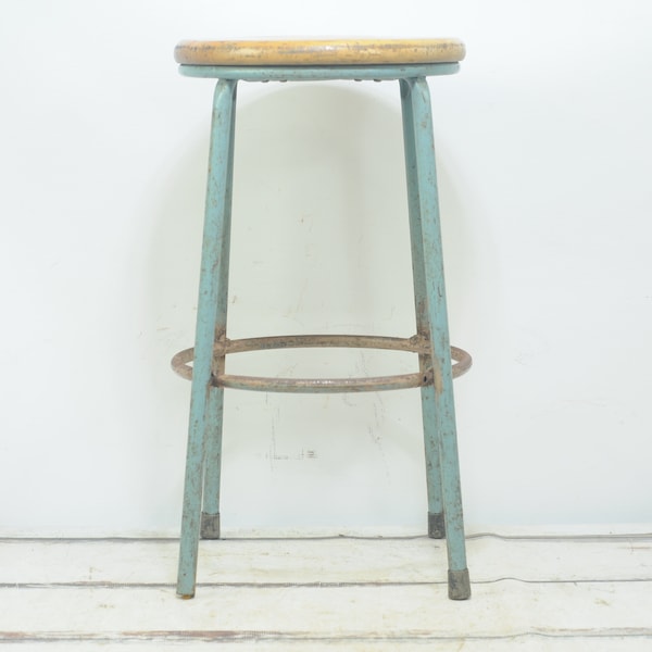 Vintage Blue Industrial Stool  25" 1980s Retired USPS Stool Metal Oak Top Stool