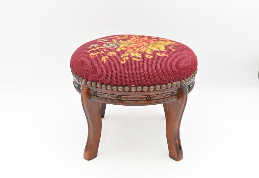 Antique Floral Needlepoint Footstool Wool Victorian Carved Wood Brass ...