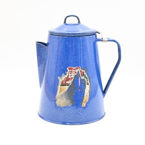 Vintage koffiepot blauw en wit granieten koffiepot emaille 8 kopjes