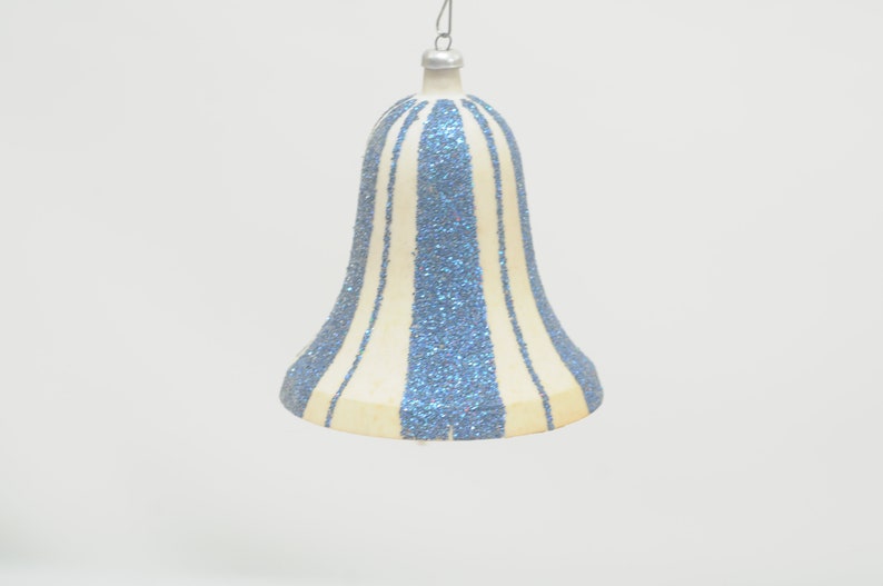 Vintage Christmas Ornament Large Plastic Bell off White With Blue