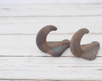 Two . Antique/Vintage Industrial Cast Iron Hooks Solid Iron Hook Metal Decor