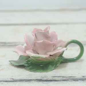 Vintage Capodimonte Pale Pink Rose Candle Holder Sitting On Green Stem VGC Italy #2