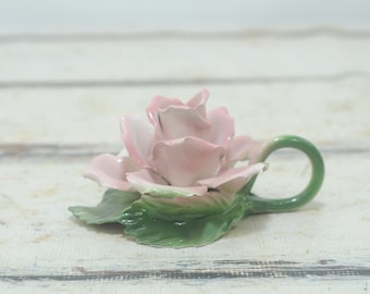 Vintage Capodimonte Pale Pink Rose Candle Holder Sitting On Green Stem VGC Italy #2