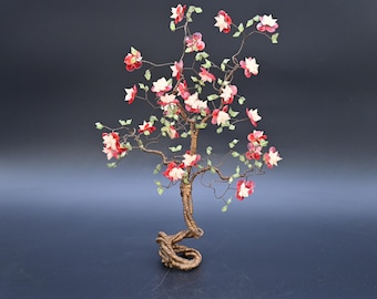 Vintage Decorative Wrapped Copper Wire Bonsai Tree Cherry Blossom Flowers